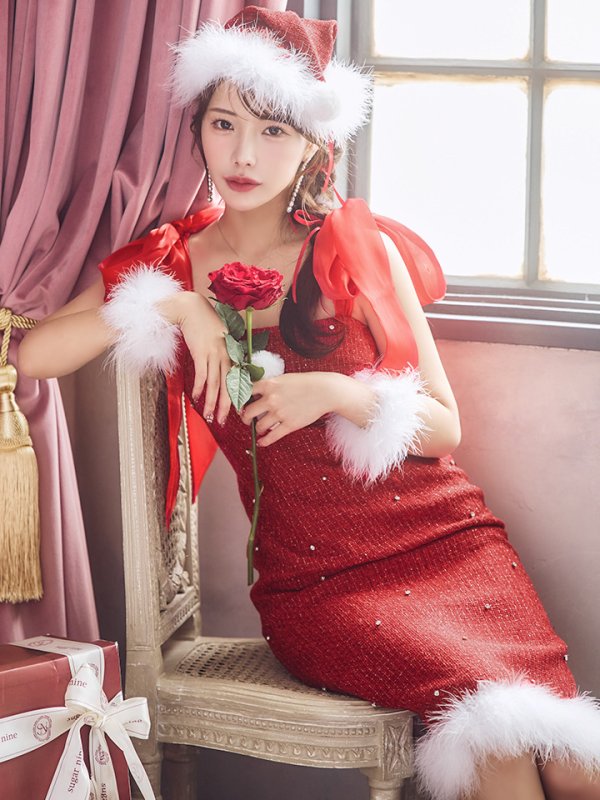 画像38: 【即日発送！】【サンタコス 4点セット】【S-Lサイズ/2カラー】リボンショルダーツイードビジューミディアムサンタコスプレ[OF04]