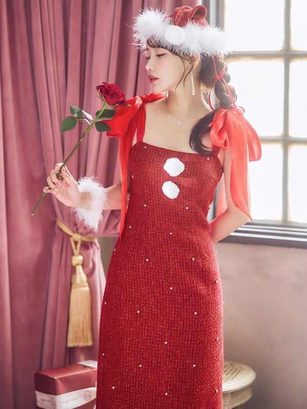 画像31: 【即日発送！】【サンタコス 4点セット】【S-Lサイズ/2カラー】リボンショルダーツイードビジューミディアムサンタコスプレ[OF04]