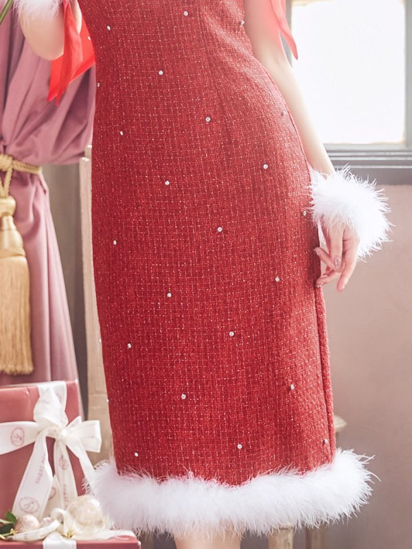 画像34: 【即日発送！】【サンタコス 4点セット】【S-Lサイズ/2カラー】リボンショルダーツイードビジューミディアムサンタコスプレ[OF04]