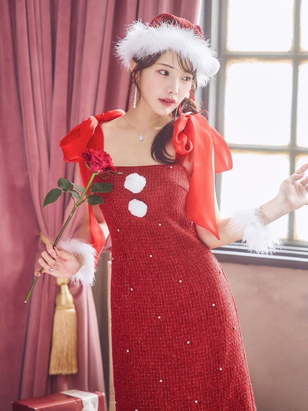 画像31: 【即日発送！】【サンタコス 4点セット】【S-Lサイズ/2カラー】リボンショルダーツイードビジューミディアムサンタコスプレ[OF04]