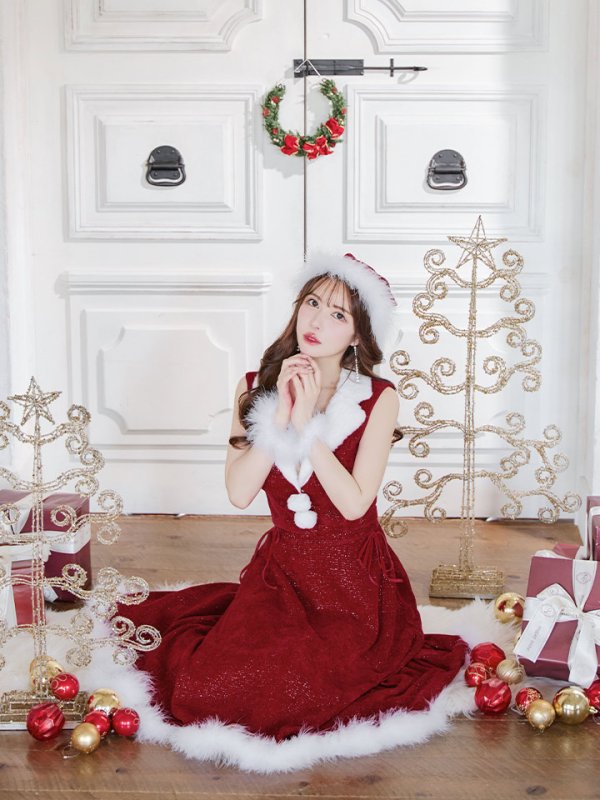 画像3: 【ノベルティ対象】【即日発送！】【サンタコス 5点セット】【S-Lサイズ/1カラー】セットアップ襟付きミディアムサンタコスプレ[YMT]