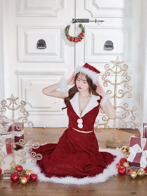 画像8: 【ノベルティ対象】【即日発送！】【サンタコス 5点セット】【S-Lサイズ/1カラー】セットアップ襟付きミディアムサンタコスプレ[YMT]