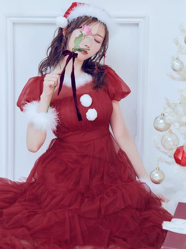 画像10: 【即日発送！】【サンタコス 3点セット】【S-Lサイズ/1カラー】シースルーフリルチュールサンタコスプレ[YMT]