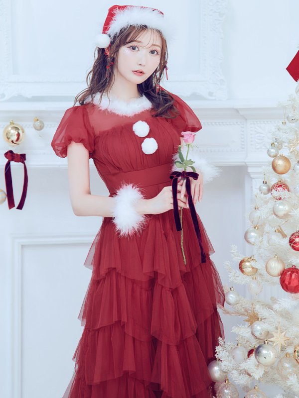 画像3: 【即日発送！】【サンタコス 3点セット】【S-Lサイズ/1カラー】シースルーフリルチュールサンタコスプレ[YMT]