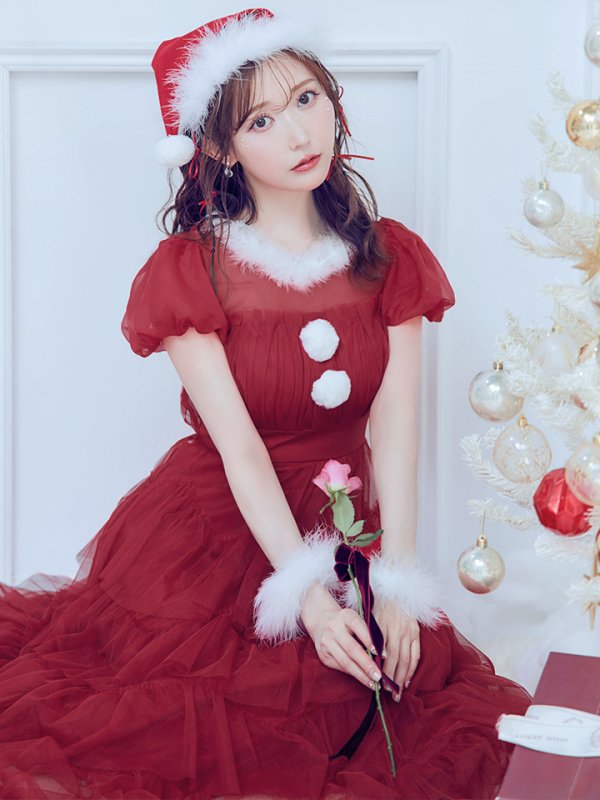 画像8: 【即日発送！】【サンタコス 3点セット】【S-Lサイズ/1カラー】シースルーフリルチュールサンタコスプレ[YMT]