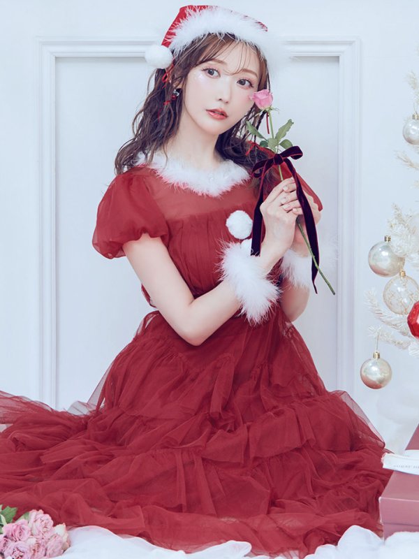 画像9: 【即日発送！】【サンタコス 3点セット】【S-Lサイズ/1カラー】シースルーフリルチュールサンタコスプレ[YMT]