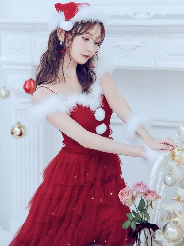 画像11: 【ノベルティ対象】【即日発送！】【サンタコス 4点セット】【M-XLサイズ/1カラー】オフショルフリルチュールサンタコスプレ[YMT]
