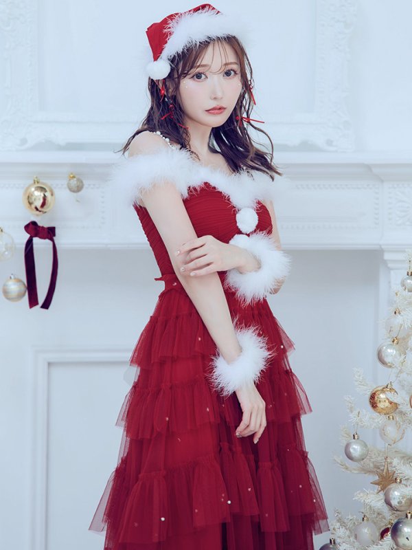 画像12: 【ノベルティ対象】【即日発送！】【サンタコス 4点セット】【M-XLサイズ/1カラー】オフショルフリルチュールサンタコスプレ[YMT]