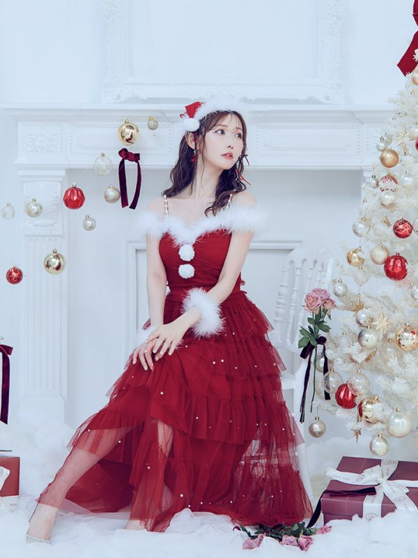 画像17: 【ノベルティ対象】【即日発送！】【サンタコス 4点セット】【M-XLサイズ/1カラー】オフショルフリルチュールサンタコスプレ[YMT]