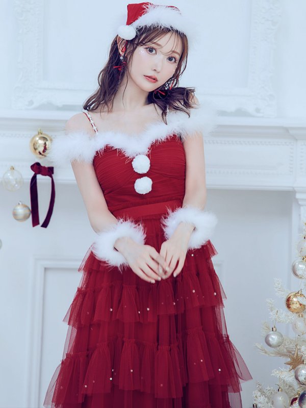 画像3: 【ノベルティ対象】【即日発送！】【サンタコス 4点セット】【M-XLサイズ/1カラー】オフショルフリルチュールサンタコスプレ[YMT]