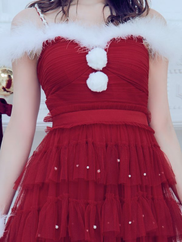 画像6: 【ノベルティ対象】【即日発送！】【サンタコス 4点セット】【M-XLサイズ/1カラー】オフショルフリルチュールサンタコスプレ[YMT]