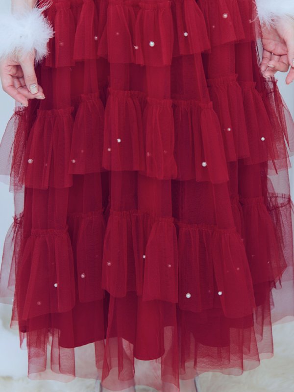 画像7: 【ノベルティ対象】【即日発送！】【サンタコス 4点セット】【M-XLサイズ/1カラー】オフショルフリルチュールサンタコスプレ[YMT]