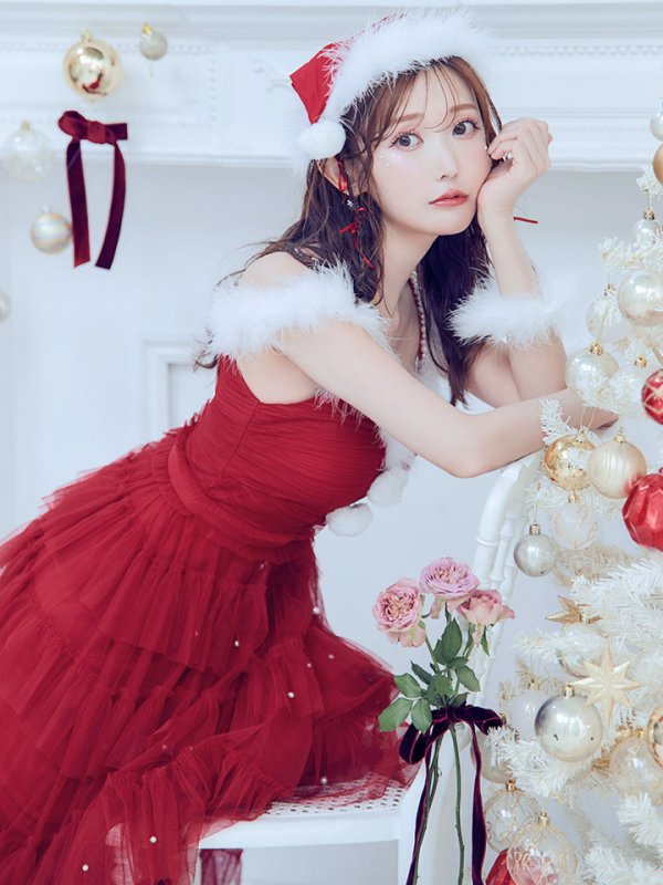 画像8: 【ノベルティ対象】【即日発送！】【サンタコス 4点セット】【M-XLサイズ/1カラー】オフショルフリルチュールサンタコスプレ[YMT]