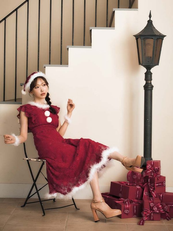 画像11: SALE!【サンタコス 4点セット】【S-Lサイズ/1カラー】フラワーレースワンピースサンタ[OF01]