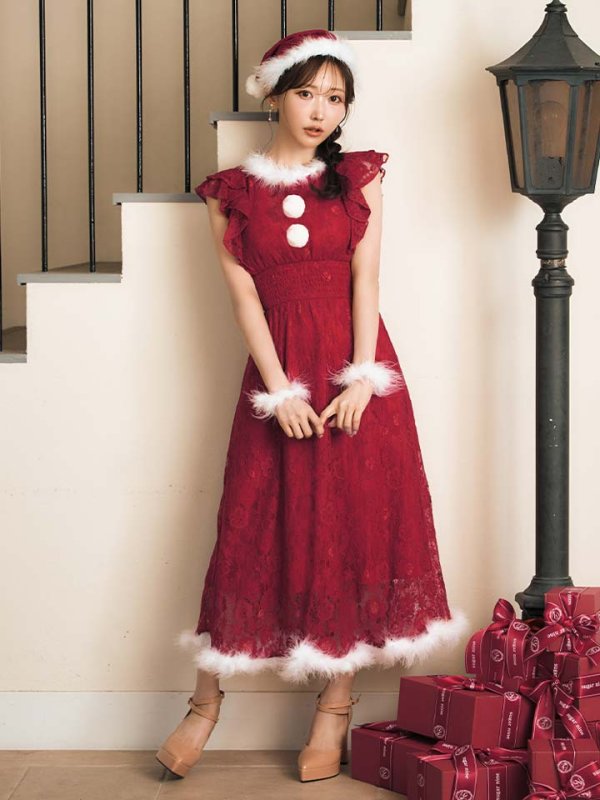 画像12: SALE!【サンタコス 4点セット】【S-Lサイズ/1カラー】フラワーレースワンピースサンタ[OF01]