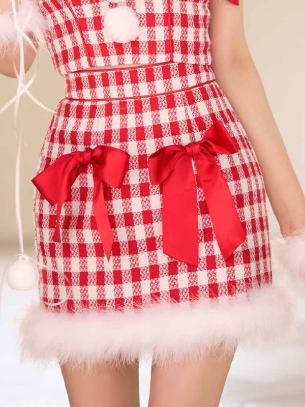 画像19: 【即日発送！】【サンタコス 6点セット】【XS-Lサイズ/1カラー】ショルダーリボン赤チェックタイトサンタ[YMT]