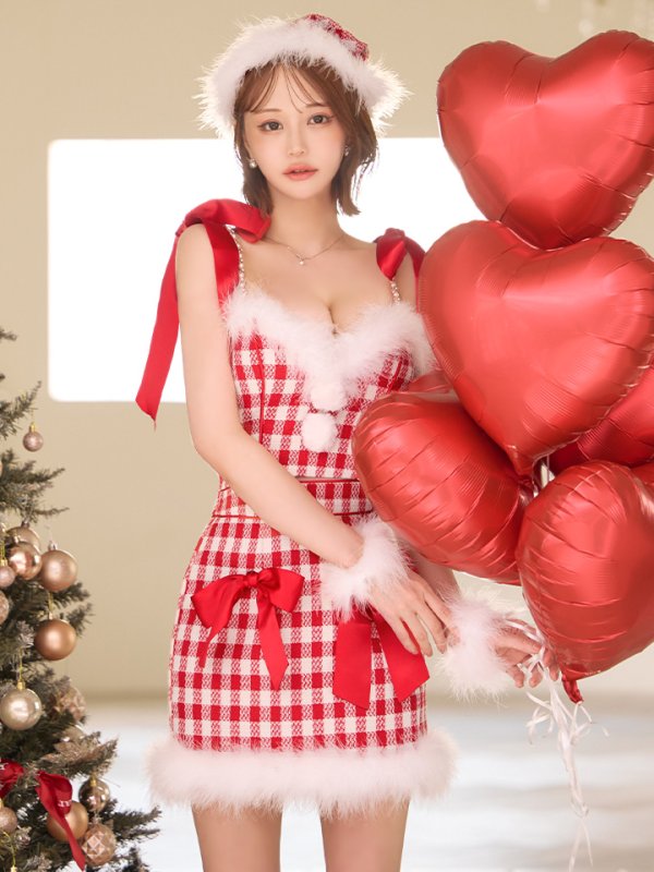 画像2: 【即日発送！】【サンタコス 6点セット】【XS-Lサイズ/1カラー】ショルダーリボン赤チェックタイトサンタ[YMT]