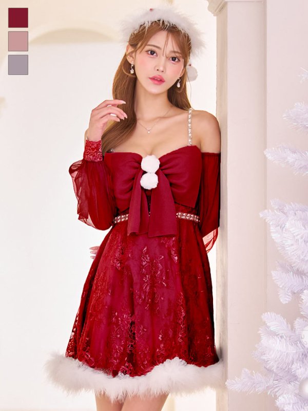 画像5: 【ノベルティ対象】【即日発送！】【サンタコス 3点セット】【XS-Lサイズ/2カラー】フロントビッグリボンオフショル袖付きフレアサンタ[OF04]