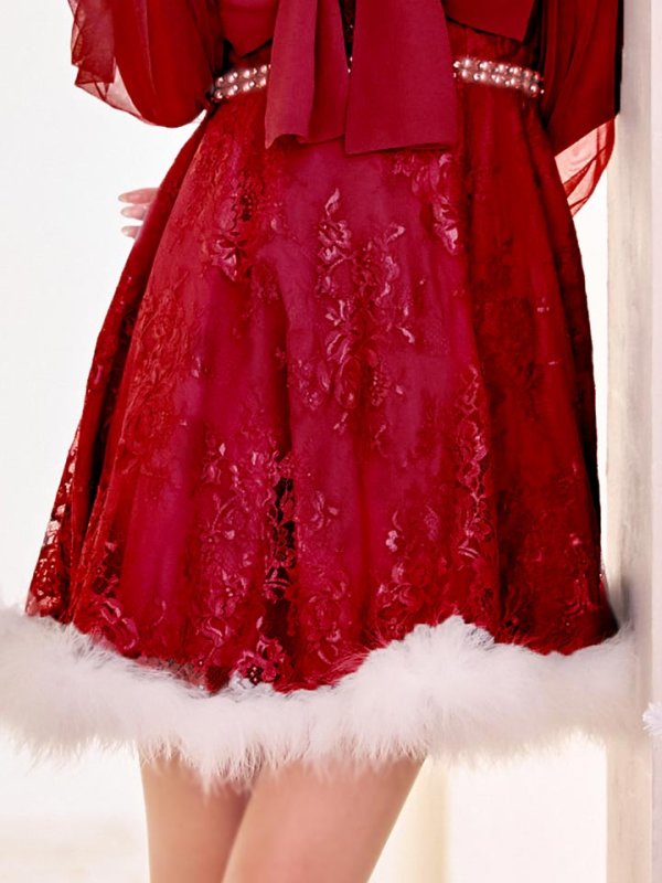 画像8: 【ノベルティ対象】【即日発送！】【サンタコス 3点セット】【XS-Lサイズ/2カラー】フロントビッグリボンオフショル袖付きフレアサンタ[OF04]