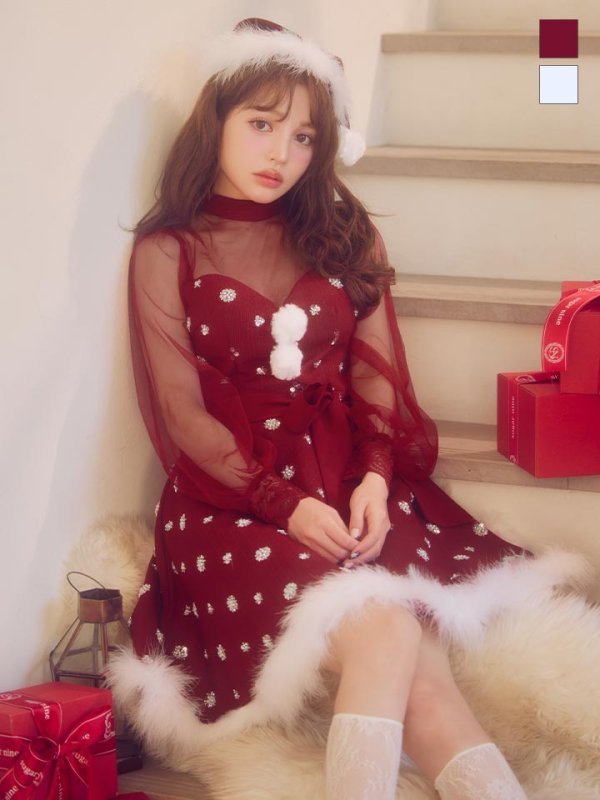 画像1: 【即日発送！】【サンタコス 4点セット】【XS-XLサイズ/1カラー】チュールロングスリーブハイネックサンタ[OF04]