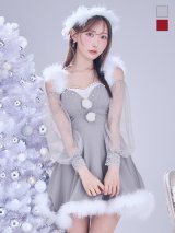 【ノベルティ対象】【即日発送】【サンタコス 3点セット】【XS-XLサイズ/2カラー】シアーチュールオフショルダーサンタコスプレ[YMT]