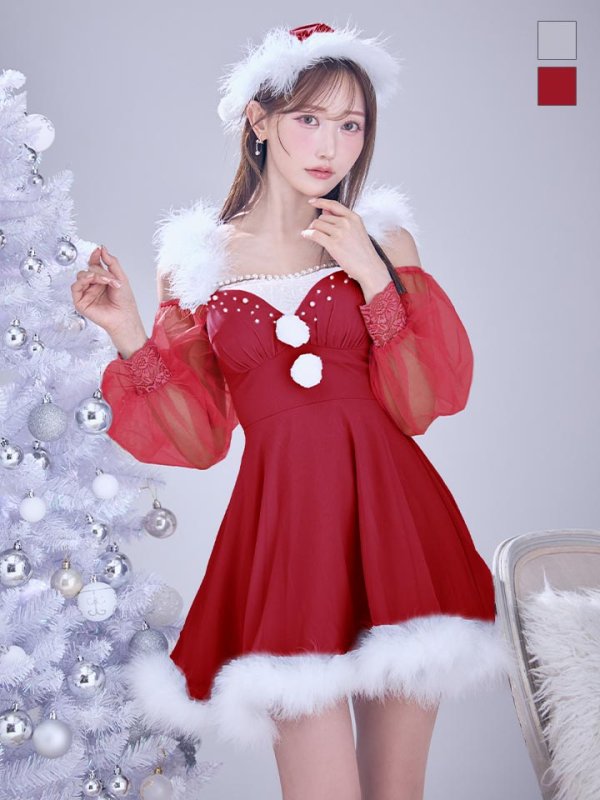 画像9: 【ノベルティ対象】【即日発送】【サンタコス 3点セット】【XS-XLサイズ/2カラー】シアーチュールオフショルダーサンタコスプレ[OF04]