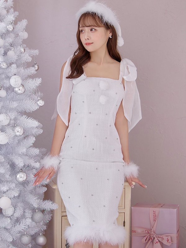 画像1: 【即日発送！】【サンタコス 4点セット】【S-Lサイズ/2カラー】リボンショルダーツイードビジューミディアムサンタコスプレ[OF04]