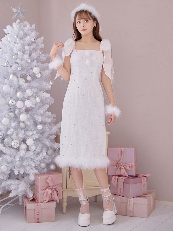 画像4: 【即日発送！】【サンタコス 4点セット】【S-Lサイズ/2カラー】リボンショルダーツイードビジューミディアムサンタコスプレ[OF04]