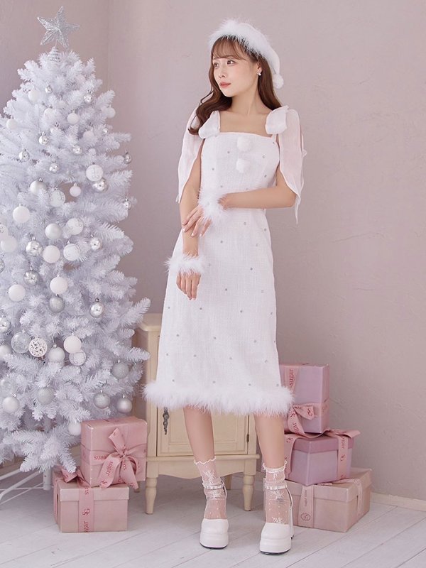 画像8: 【即日発送！】【サンタコス 4点セット】【S-Lサイズ/2カラー】リボンショルダーツイードビジューミディアムサンタコスプレ[OF04]