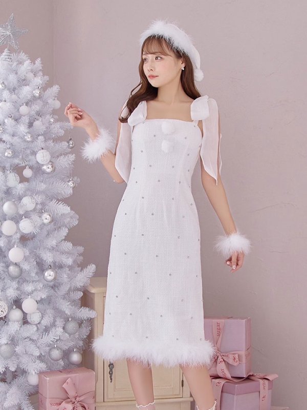 画像9: 【即日発送！】【サンタコス 4点セット】【S-Lサイズ/2カラー】リボンショルダーツイードビジューミディアムサンタコスプレ[OF04]