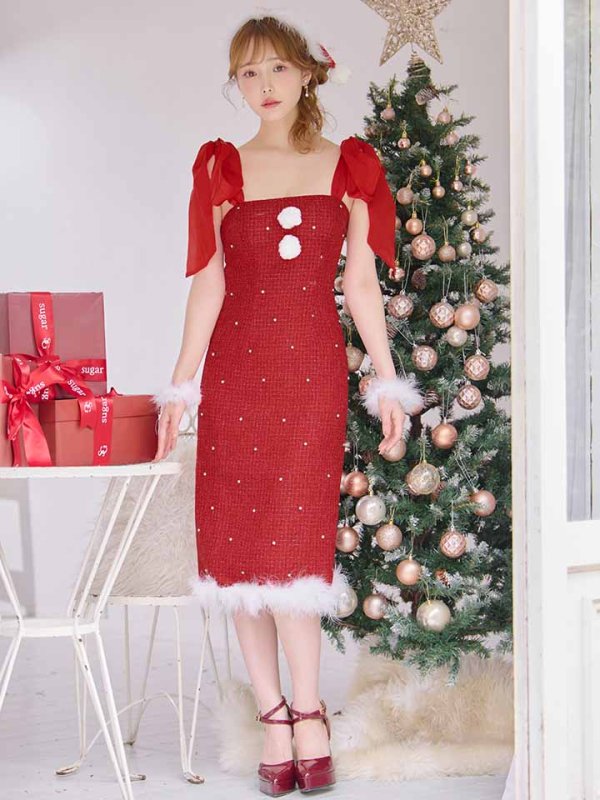 画像10: 【即日発送！】【サンタコス 4点セット】【S-Lサイズ/2カラー】リボンショルダーツイードビジューミディアムサンタコスプレ[OF04]