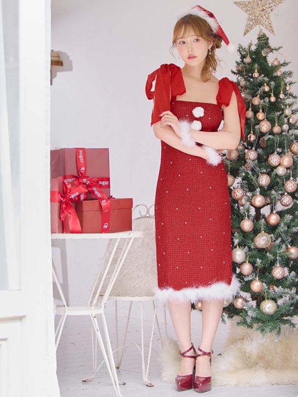 画像19: 【即日発送！】【サンタコス 4点セット】【S-Lサイズ/2カラー】リボンショルダーツイードビジューミディアムサンタコスプレ[OF04]