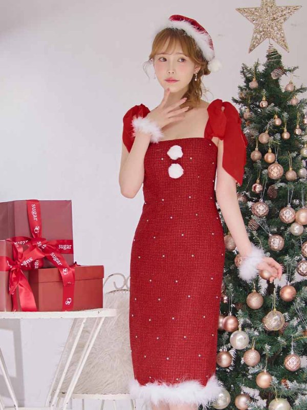 画像23: 【即日発送！】【サンタコス 4点セット】【S-Lサイズ/2カラー】リボンショルダーツイードビジューミディアムサンタコスプレ[OF04]