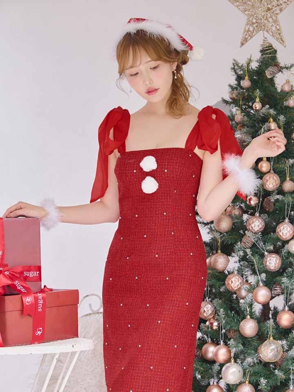 画像25: 【即日発送！】【サンタコス 4点セット】【S-Lサイズ/2カラー】リボンショルダーツイードビジューミディアムサンタコスプレ[OF04]