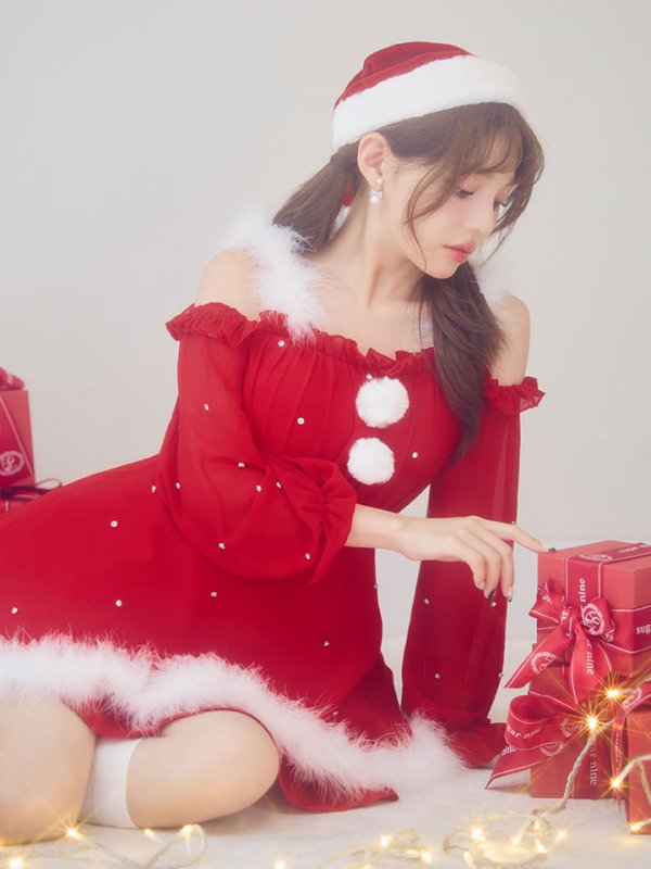 画像16: 【即日発送】【サンタ】袖付きシフォンワンピースビジューサンタコスプレ【コスプレ3点セット】【S-Mサイズ/2カラー】[OF04]