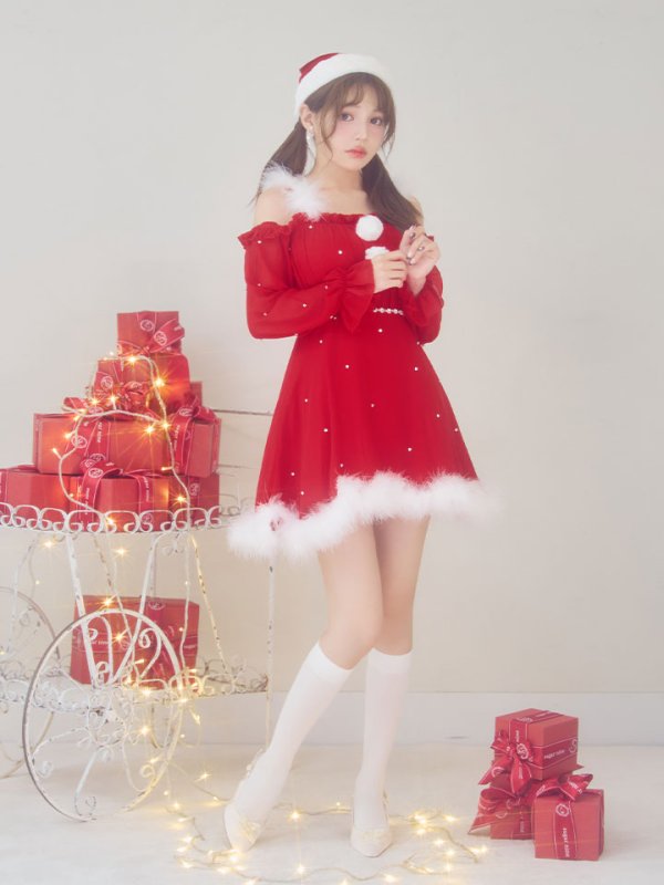 画像11: 【即日発送】【サンタ】袖付きシフォンワンピースビジューサンタコスプレ【コスプレ3点セット】【S-Mサイズ/2カラー】[OF04]