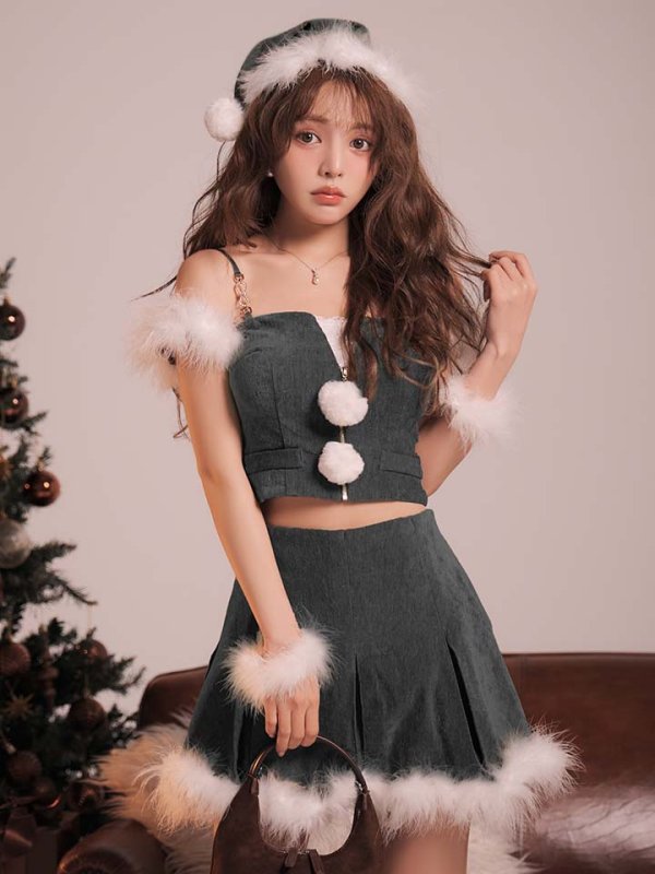 画像2: 【即日発送】【サンタ】ファーショルダーシースルーフレアサンタコスプレ【コスプレ5点セット】【XS-XLサイズ/2カラー】[OF04]