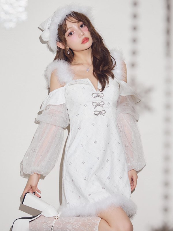 画像1: 【予約 / 11月下旬発送予定】【送料無料！】【サンタ】オフショルチュール袖リボンサンタコスプレ【コスプレ3点セット】【XS-Lサイズ/1カラー】[OF03]