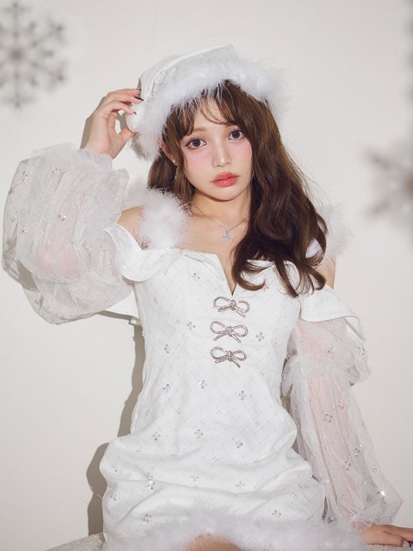 画像2: 【予約 / 11月下旬発送予定】【送料無料！】【サンタ】オフショルチュール袖リボンサンタコスプレ【コスプレ3点セット】【XS-Lサイズ/1カラー】[OF03]