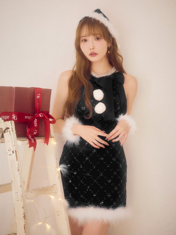 画像1: 【即日発送】【サンタ】サイドリボンツイードビジューサンタコスプレ【コスプレ5点セット】【XS-Lサイズ/2カラー】[OF01]