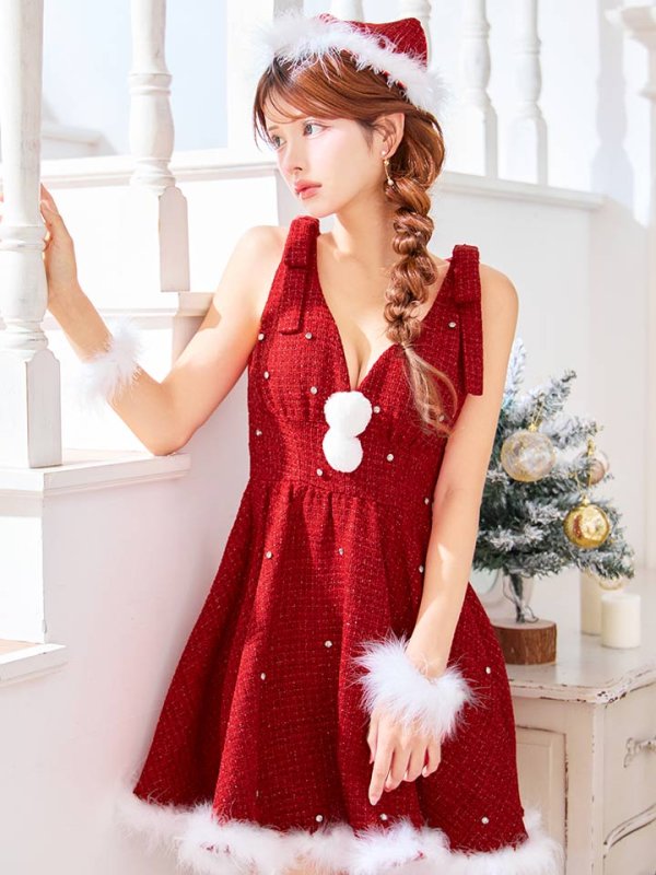 画像1: 【即日発送】【サンタ】ショルダーリボンビジューツイードフレアサンタコスプレ【コスプレ4点セット】【XS-XLサイズ/1カラー】[OF01]