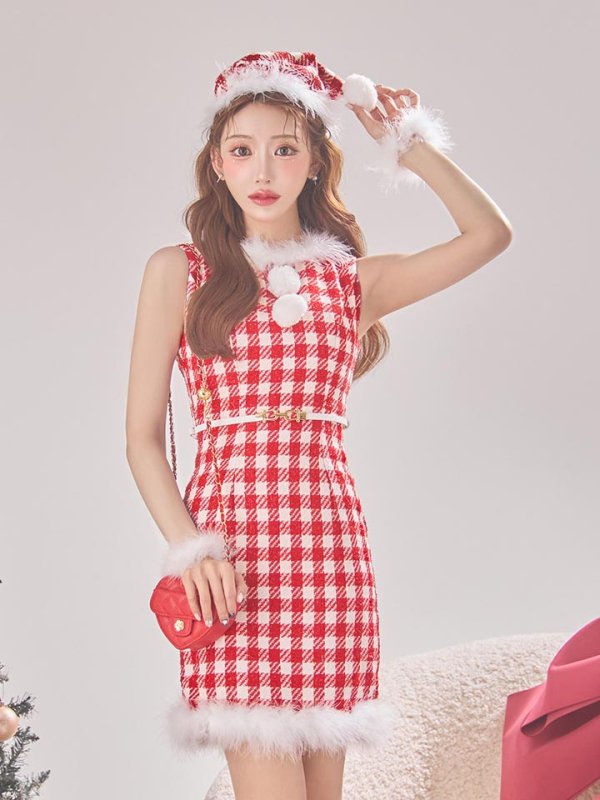画像2: 【サンタコス 5点セット】ギンガムチェック タイトワンピースサンタコスプレ【XS-XLサイズ/2カラー】[YMT]