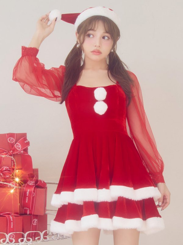 画像1: 【即日発送】【サンタコス 3点セット】【S-Lサイズ/1カラー】チュールシアーフレアサンタコスプレ[OF01]