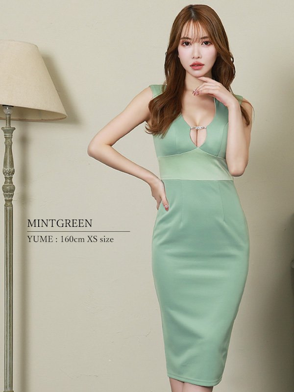 画像13: XSサイズあり【Veautt/ヴュート】【OF05】スタンドカラー/ バストパールビジュー/ ワンカラー/ タイト/ ミディアムドレス/ キャバドレス