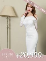 【決算SALE開催中！! 】XSサイズあり【Veautt/ヴュート】アッパーシースルー/ オフショルダー/ ロングスリーブ/ ワンカラー/ タイト/ ミディアムドレス/ キャバドレス[OF05]