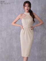 XSサイズあり【Veautt/ヴュート】【OF05】アシンメトリー/ ホルターネック/ ウエストクロスデザイン/ サイドカット/ タイト/ ミディアムドレス/ キャバドレス