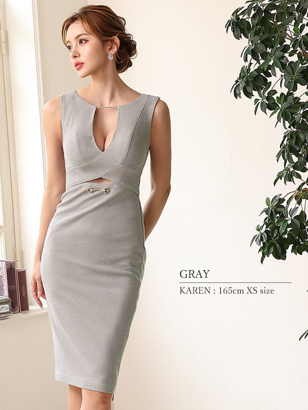 画像5: XSサイズあり【Veautt/ヴュート】【OF05】フロントクロスデザイン/ ウエストカット/ チャーム/ ノースリーブ/ タイト/ ミディアムドレス/ キャバドレス