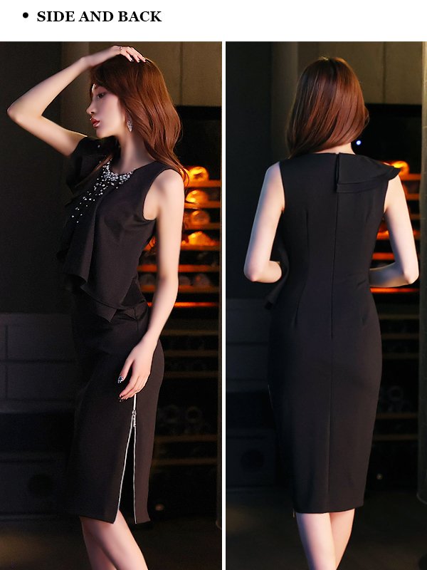 画像7: XSサイズあり【Veautt/ヴュート】 アッパーフリルデザイン/ ビジュー/ ファスナー/ タイト/ ミディアムドレス/ キャバドレス