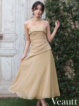 【予約商品/2月中旬-2月下旬発送予定】XSサイズあり【Veautt/ヴュート】【OF05】ベアトップ/ スカーフ/ ウエストタック/ ボタン/ シフォン/ 2way/ フレア/ ワンピース/ ミディアムドレス/ キャバドレス