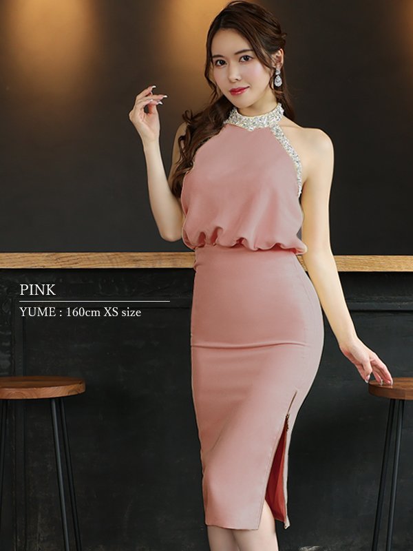 XSサイズあり【Veautt/ヴュート】【OF05】アメスリ/ ホルターネック/ ネックショルダービジュー/ ファスナースリット/ ジップスリット/ タイト/ひざ丈/ミディアム/ ミニドレス/ キャバドレス　ピンク